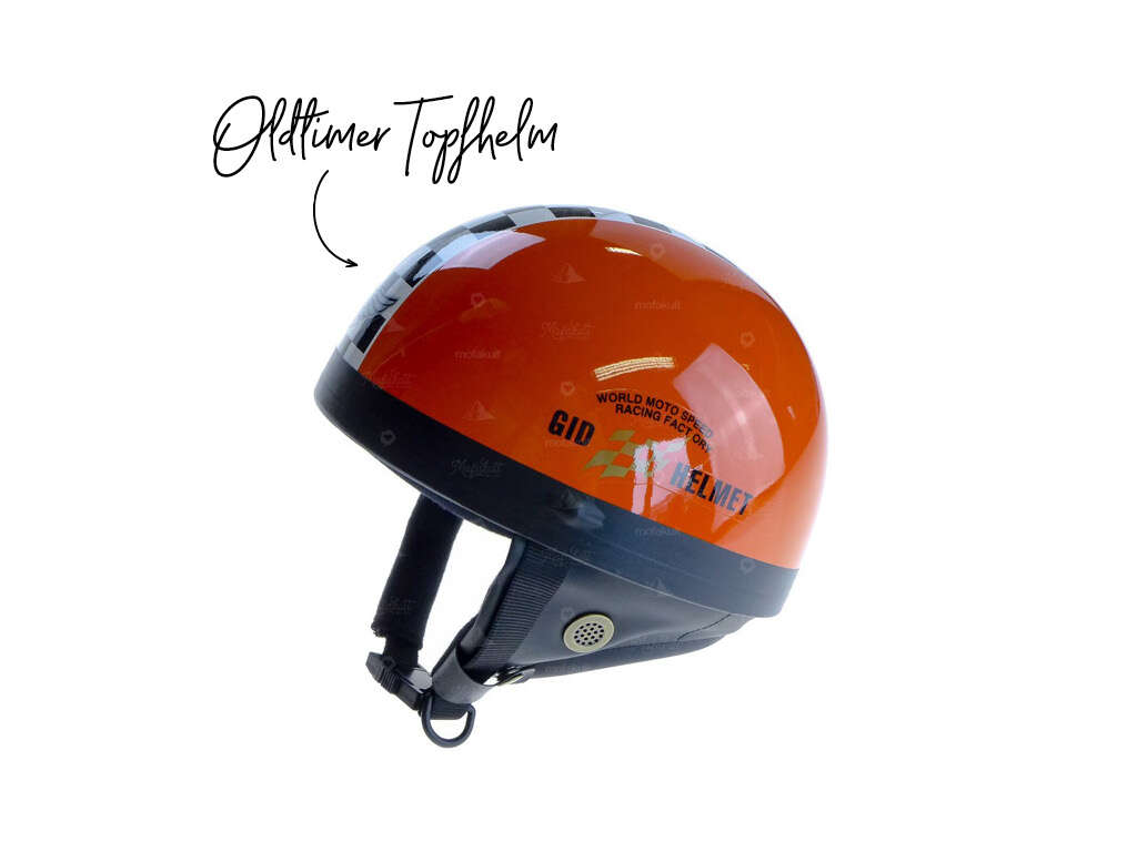 Oldtimer Topfhelm orange mit Zielflagge Oldtimer Topfhelm orange mit Zielflagge